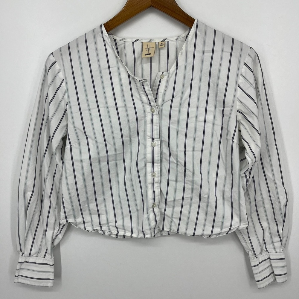 Uniqlo‎ Hana Tajima Blouse Women's XS White Striped Collab Cotton Button Shirt